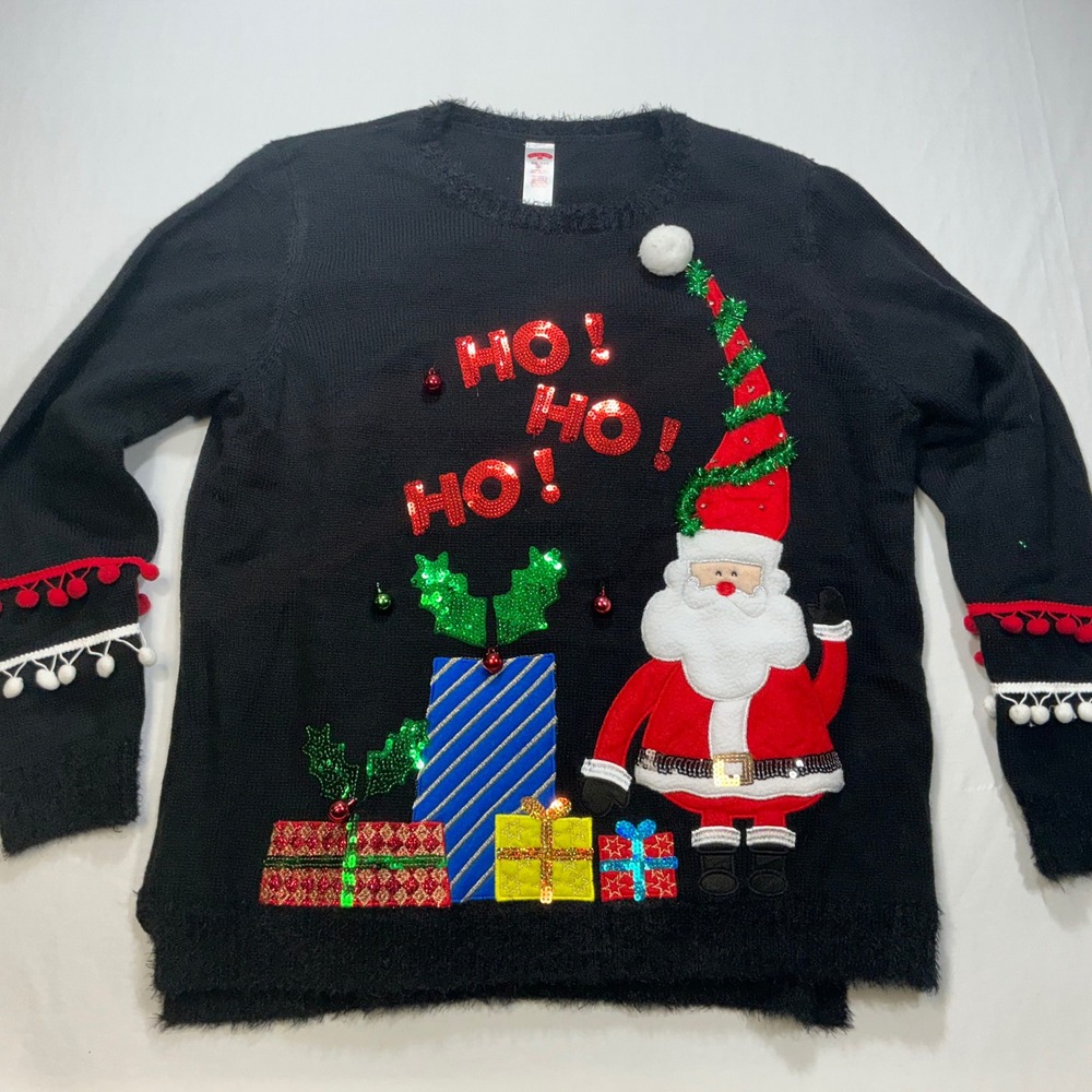 Holiday Time Women's Black Ugly Christmas Sweater Santa Ho Ho Ho XXL‎